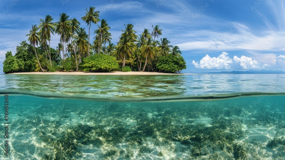 Tropical Island Paradise - A Breathtaking View of a Lush Island with Crystal Clear Waters Tropical Island Paradise - A Breathtaking View of a Lush Island with Crystal Clear Waters