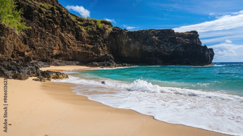 Secluded Beach with Turquoise Waters and Volcanic Cliffs Secluded Beach with Turquoise Waters and Volcanic Cliffs