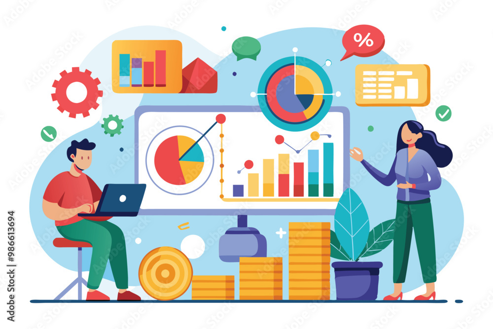 Two professionals analyze market data using charts and graphs while collaborating in a vibrant workspace, Analyze market differences, flat illustration. Two professionals analyze market data using charts and graphs while collaborating in a vibrant workspace, Analyze market differences, flat illustration.