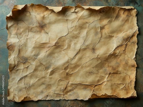 Wrinkled piece of paper on a rusty surface with a blue background