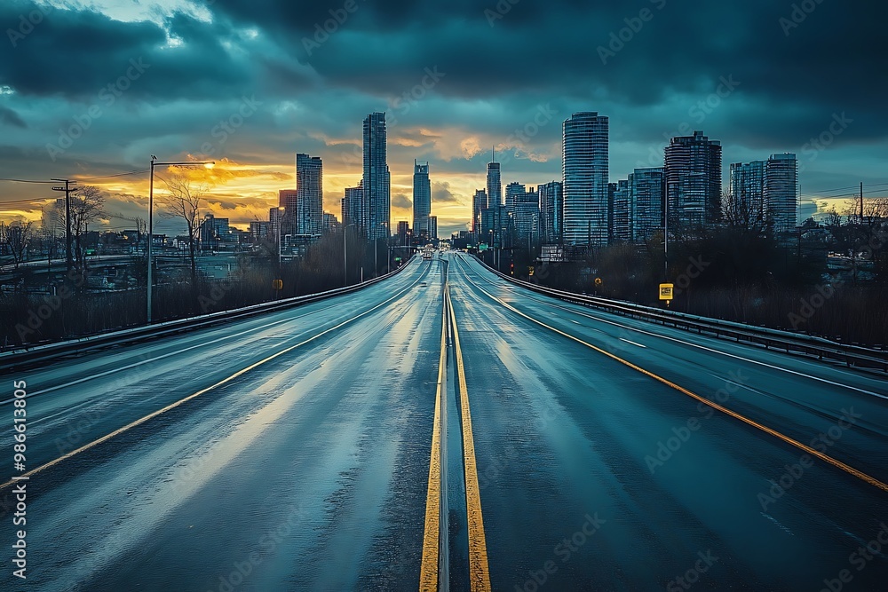 Fototapeta premium Empty highway road leading to a cityscape with dramatic sky, urban landscape