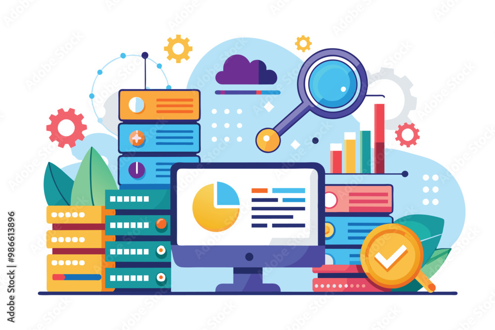 A flat illustration displays the analysis of storage data with graphs, charts, and digital elements, Analyze storage data with a flat illustration. A flat illustration displays the analysis of storage data with graphs, charts, and digital elements, Analyze storage data with a flat illustration.