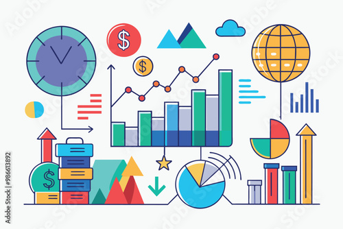 Visual representation of trade analysis showcasing charts, graphs, and financial symbols for market insights, analyze trades, simple picture