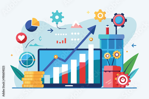 This illustration depicts trading growth data using charts, gear icons, and vibrant visuals to convey analysis, Analyze trading growth data, flat illustration.
