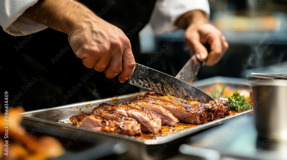Chef's hand with pork on silver. Chef's hand with pork on silver.