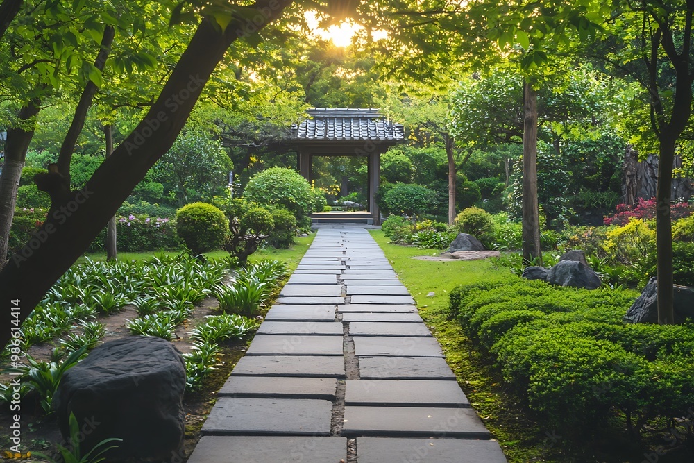 Obraz premium Stone path leading to traditional Japanese garden gate with sunset
