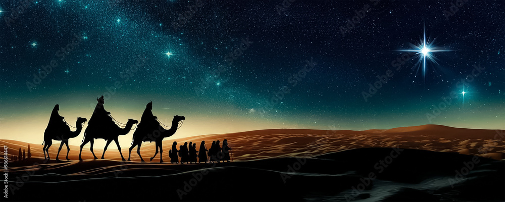 Three Wise Men riding through a desert under a starry sky. The Star of Bethlehem in the distance. Silhouettes illuminated by the soft glow of the horizon. Subjects on the left. Three Wise Men riding through a desert under a starry sky. The Star of Bethlehem in the distance. Silhouettes illuminated by the soft glow of the horizon. Subjects on the left.