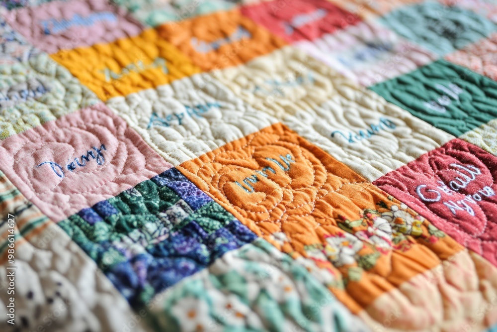 Obraz premium Colorful Patchwork Quilt with Embroidered Names