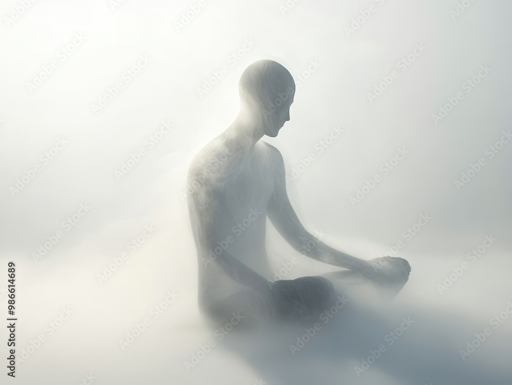 A translucent spiritual figure, isolated on a plain white background, appearing faint and distant A translucent spiritual figure, isolated on a plain white background, appearing faint and distant