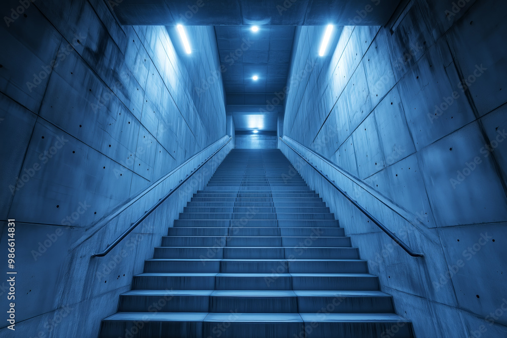 Descending concrete stairs illuminated by blue lights in a modern urban setting Descending concrete stairs illuminated by blue lights in a modern urban setting