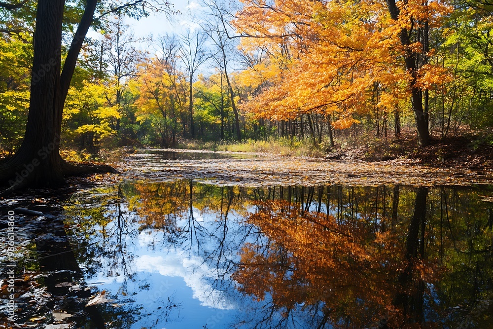 Autumn leaves reflected in a still pond water. Colorful fall foliage trees with blue sky in the background. Autumn leaves reflected in a still pond water. Colorful fall foliage trees with blue sky in the background.