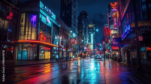 Nighttime City Street with Neon Lights