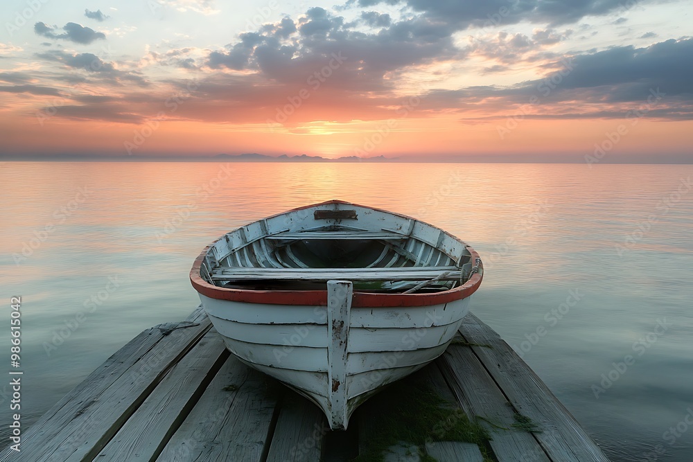 Obraz premium Small white boat on a wooden dock at sunset with calm water and a dramatic sky