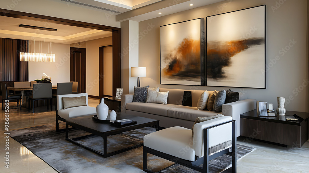 Upscale First Floor Featuring Modern Furniture, Captivating Abstract Wall Art, and a Seamless Design Reflecting Sophistication Upscale First Floor Featuring Modern Furniture, Captivating Abstract Wall Art, and a Seamless Design Reflecting Sophistication