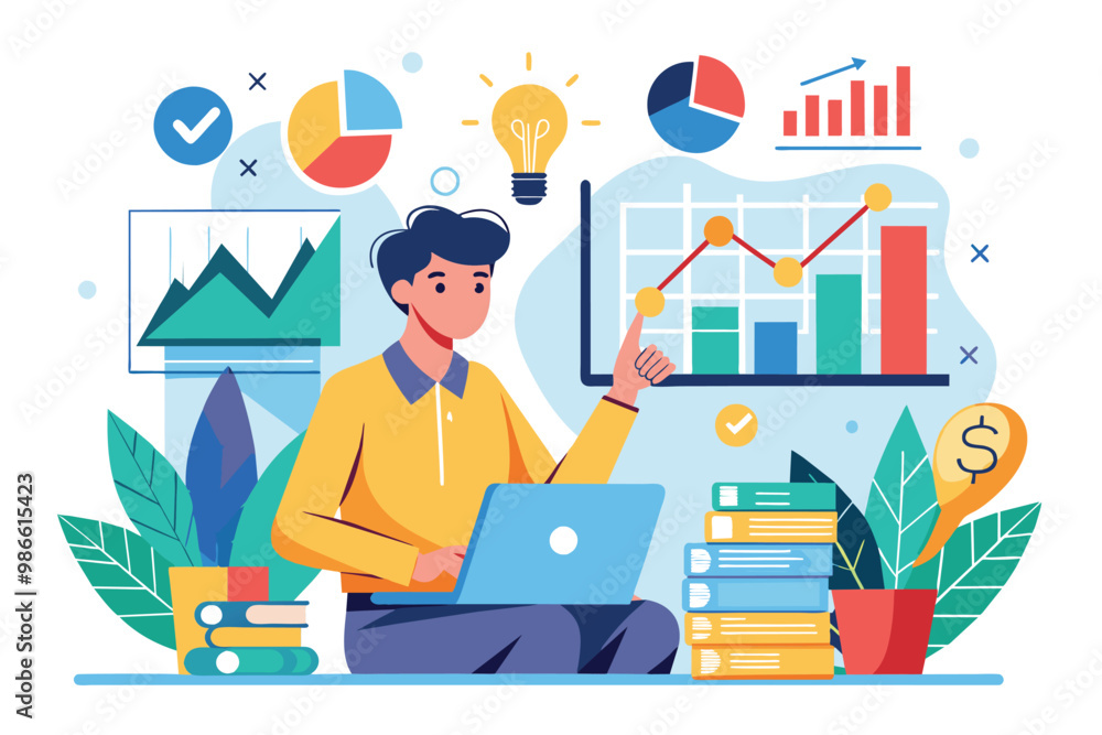 A person is reviewing growth charts and generating new ideas using a laptop in a colorful workspace, Analyzing growth charts and seeking ideas - flat concept illustration. A person is reviewing growth charts and generating new ideas using a laptop in a colorful workspace, Analyzing growth charts and seeking ideas - flat concept illustration.