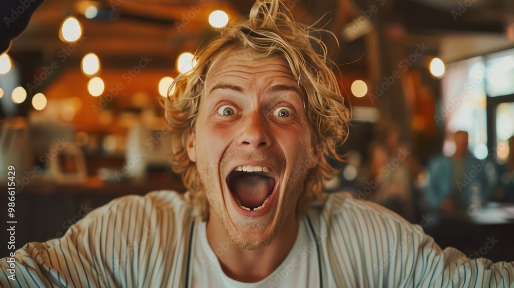 A young blonde celebrates the thrill of success with his crazy and surprised reaction to his small business's e-commerce victory. A young blonde celebrates the thrill of success with his crazy and surprised reaction to his small business's e-commerce victory.