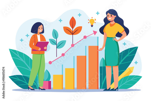 Two women review colorful growth charts while surrounded by plants and cheerful illustrations, Analyzing growth charts for women using flat illustrations.