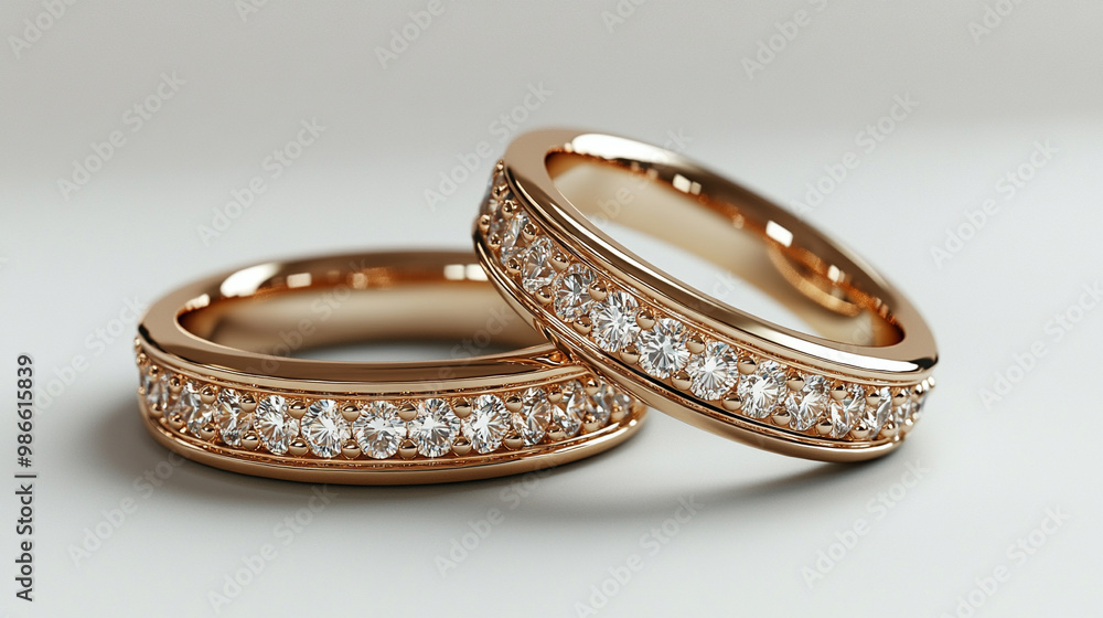 Two gold wedding bands infinity diamond rings marriage proposal background concept Two gold wedding bands infinity diamond rings marriage proposal background concept