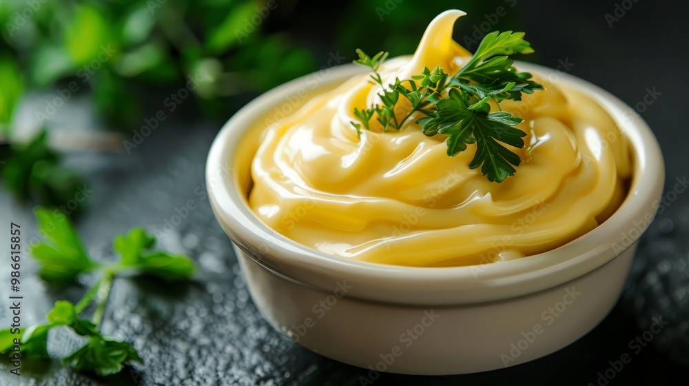 Small bowl of yellow sauce with a sprig of parsley Small bowl of yellow sauce with a sprig of parsley