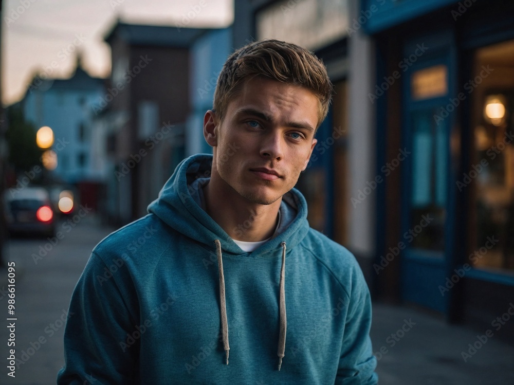 Obraz premium A young man in a blue hoodie poses confidently outdoors in an urban area during early evening light.