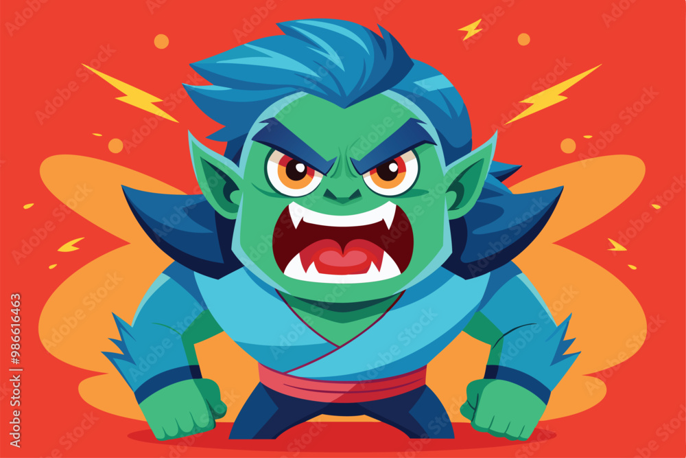 A fierce cartoon character with blue hair and sharp teeth shows intense anger against a colorful background, Angry customizable illustration A fierce cartoon character with blue hair and sharp teeth shows intense anger against a colorful background, Angry customizable illustration
