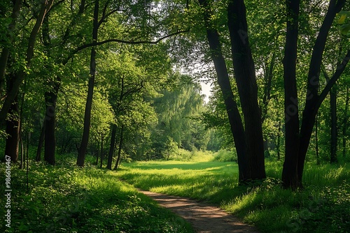 Sun rays shining through trees in a green forest with dirt path