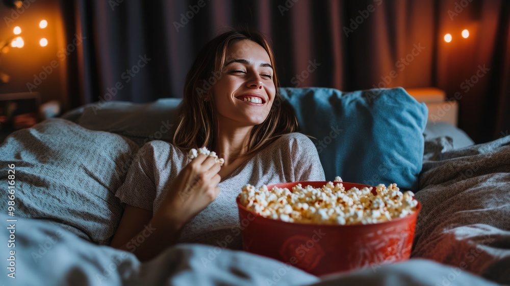 Popcorn, movies in bed for woman. Popcorn, movies in bed for woman.