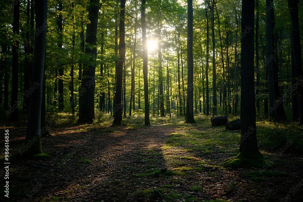 Fototapeta premium Sunlight shining through trees in a forest, nature background