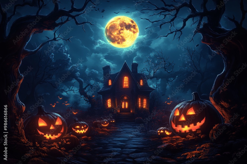 Fototapeta premium Halloween pumpkin head jack lantern with burning candles, Spooky Forest with a full moon and wooden table, Pumpkins In Graveyard In The Spooky Night - Halloween Backdrop.