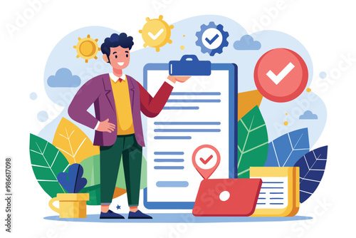 A business professional reviews and approves contract documents using digital tools in a modern office environment, Approve business contract documents with a flat illustration.