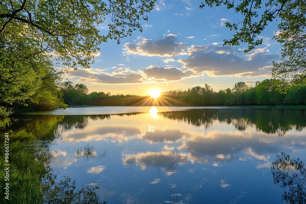 Naklejka premium Tranquil sunset reflecting on serene lake with lush green trees and cloudy sky