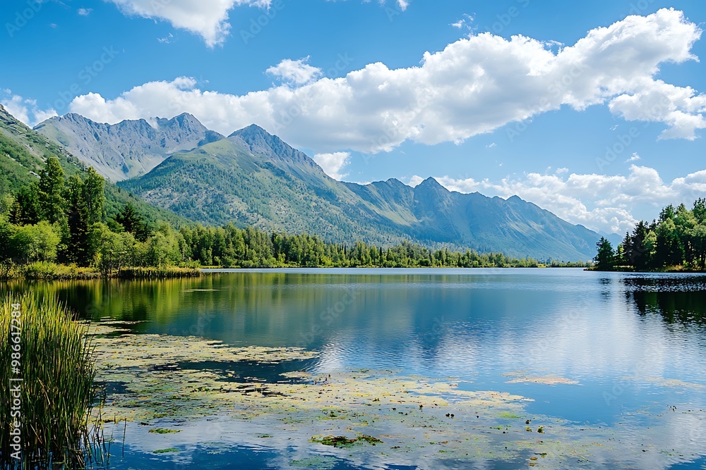 Scenic mountain lake with blue sky and clouds reflecting on the water Scenic mountain lake with blue sky and clouds reflecting on the water