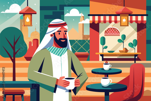 An Arab man holds a cup of coffee, relaxed in a vibrant caffe with colorful decoration, Arab man in traditional cafe, flat illustration.