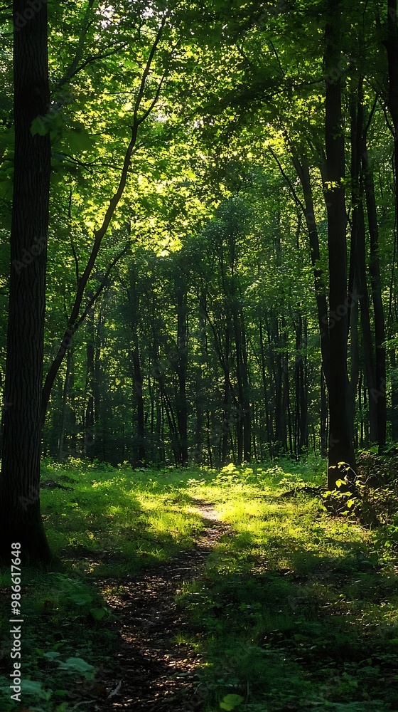 Naklejka premium Sunbeams Shining Through Trees in Lush Forest
