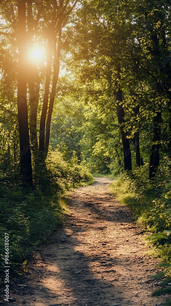 Fototapeta premium Sunlit forest path, golden light beams through trees, nature photography, scenic landscape