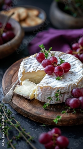 Cheese and grapes on a wooden board with crackers