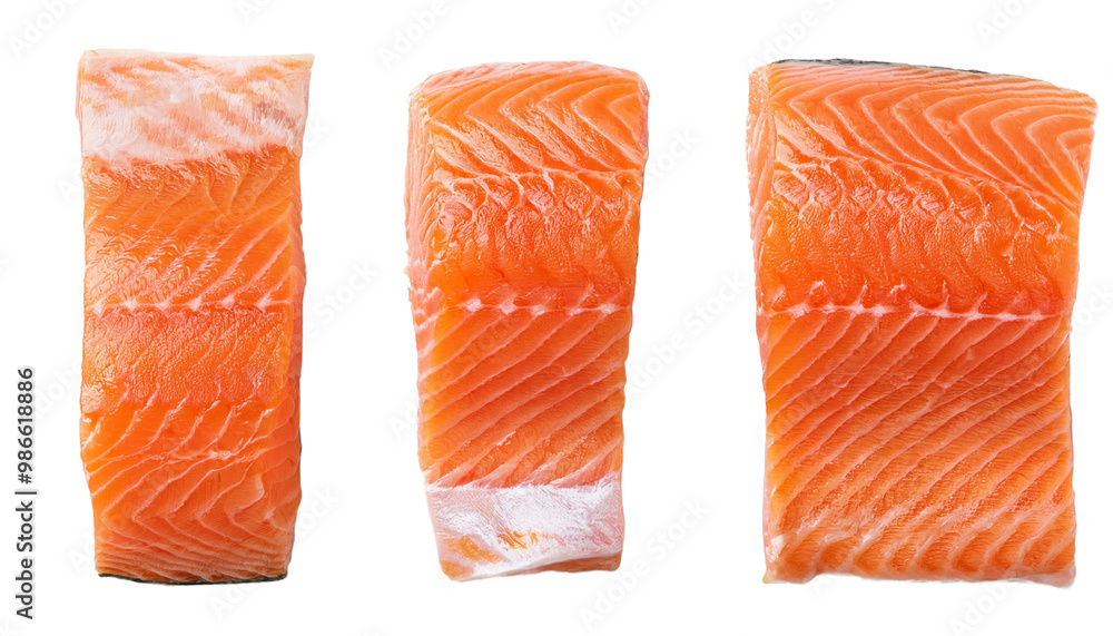 Fresh salmon slices arranged neatly against a clean white backdrop, highlighting their natural hue Fresh salmon slices arranged neatly against a clean white backdrop, highlighting their natural hue