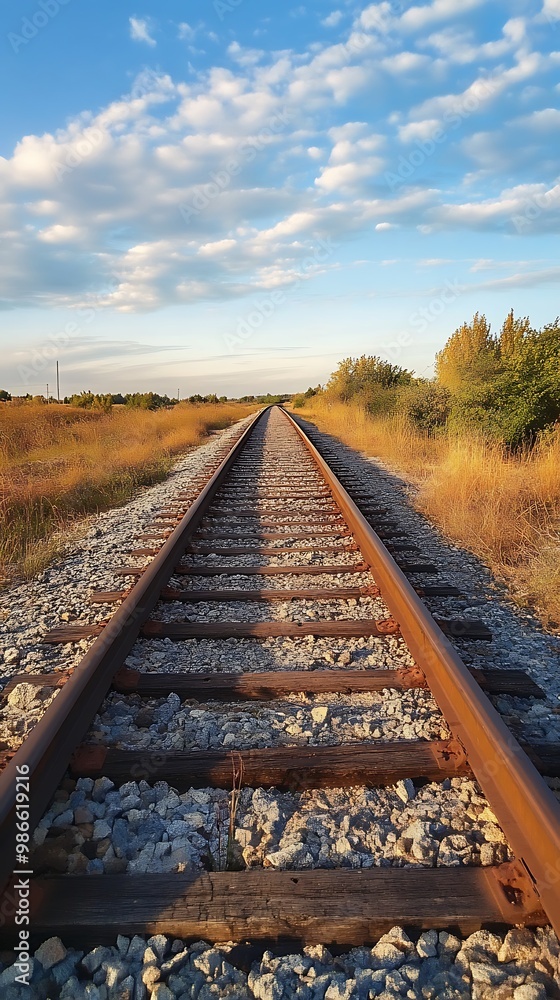 Empty train tracks leading to the horizon under a blue sky with white clouds. Concept of travel, journey, direction, destination. Empty train tracks leading to the horizon under a blue sky with white clouds. Concept of travel, journey, direction, destination.