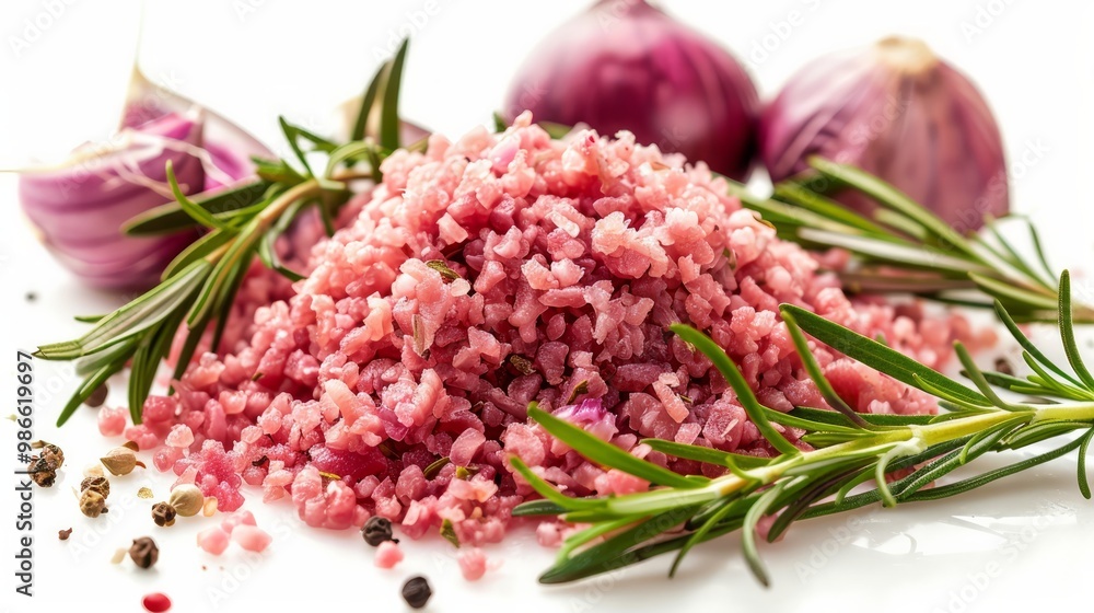 Pile of pink minced meat with garlic and rosemary on a white background Pile of pink minced meat with garlic and rosemary on a white background
