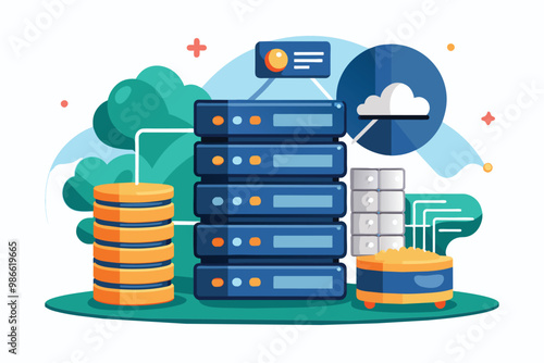 A simple illustration features a backup server database with cloud storage and multiple server stacks, Backup server database, simple illustration.