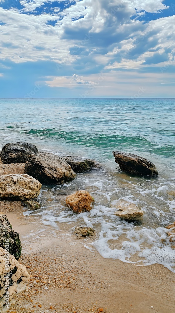 Ocean waves crashing on sandy beach with rocks and blue sky Ocean waves crashing on sandy beach with rocks and blue sky