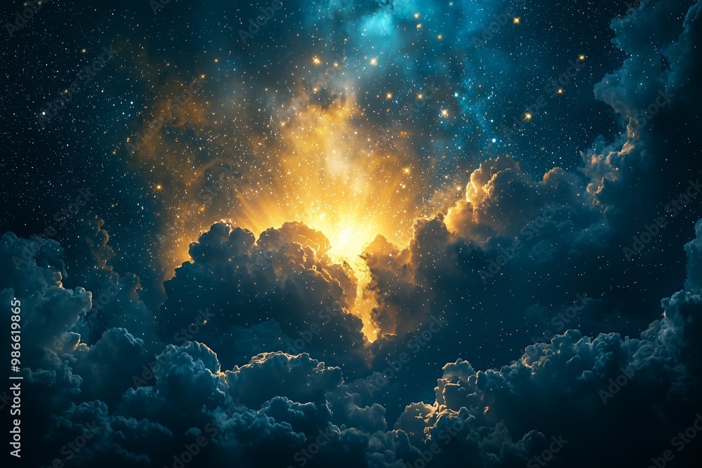 A starry night sky with clouds illuminated by a bright light A starry night sky with clouds illuminated by a bright light