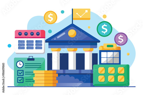 A colorful flat illustration depicting a bank cash withdrawal schedule alongside financial tools and coins, Bank cash withdrawal schedule, flat illustration