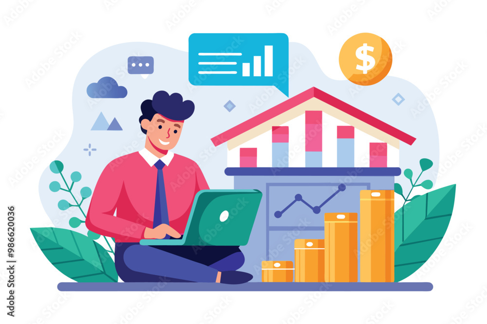 A bank employee is analyzing financial growth data using a laptop in a colorful, modern workspace, Bank employee analyzing growth data, flat illustration. A bank employee is analyzing financial growth data using a laptop in a colorful, modern workspace, Bank employee analyzing growth data, flat illustration.