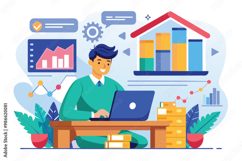 A bank employee examines growth data on his laptop, surrounded by charts and financial materials, Bank employee analyzing growth data, flat illustration. A bank employee examines growth data on his laptop, surrounded by charts and financial materials, Bank employee analyzing growth data, flat illustration.