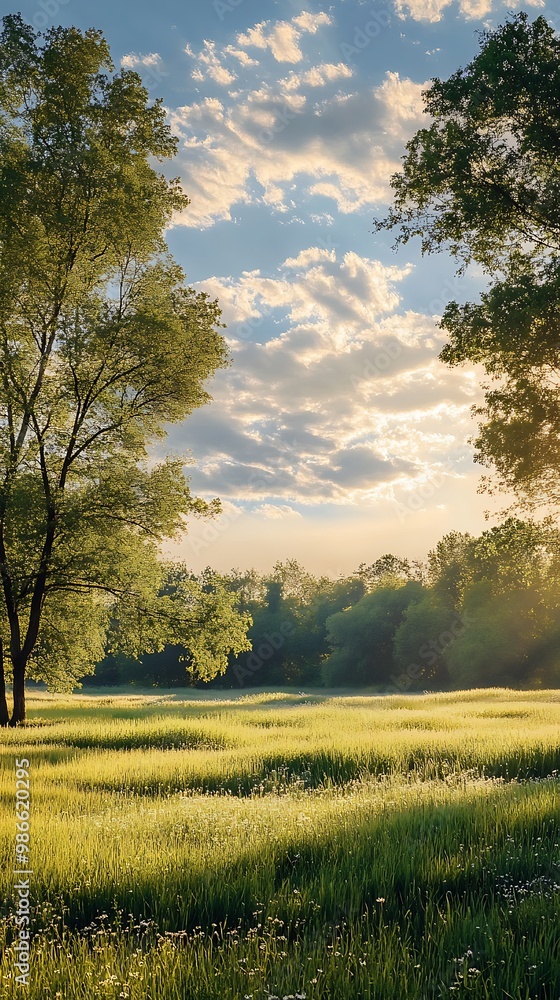 Scenic Summer Meadow Landscape with Green Trees, Blue Sky and White Clouds Scenic Summer Meadow Landscape with Green Trees, Blue Sky and White Clouds