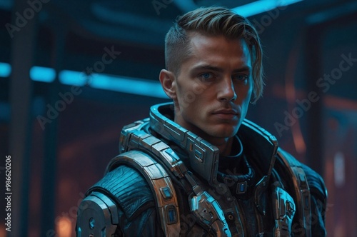 A cyberpunk male portrait showcasing futuristic attire and a determined expression in a moonlit sci-fi environment. photo