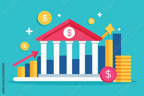 This illustration depicts a bank with a growth chart featuring rising coins and bars, symbolizing financial progress, Bank's money growth chart, flat illustration