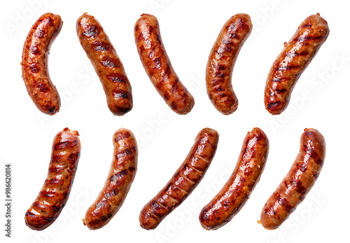 Sausages grilled to perfection with various grill marks on a transparent background