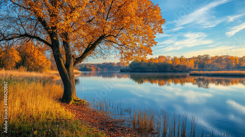 Autumn lakeside tree with orange leaves reflecting in water